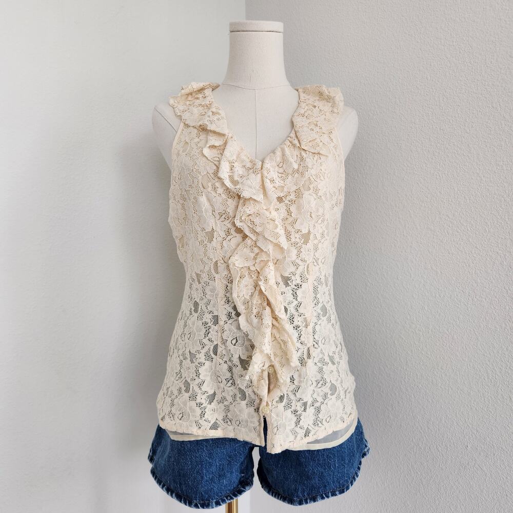 Vintage Y2K Banana Republic Cream Lace Ruffle Button Down Sleeveless Blouse S - Picture 9 of 9